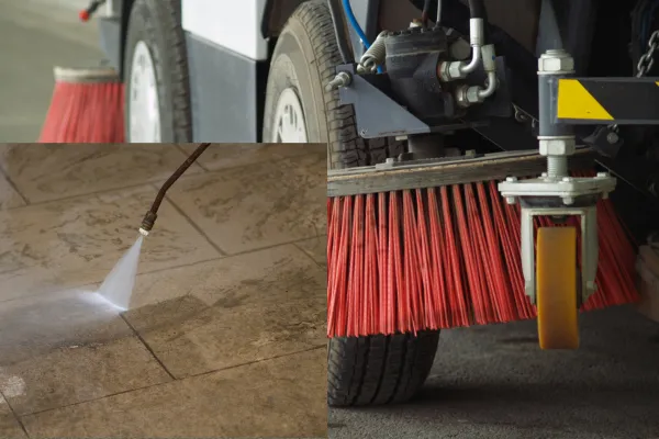The second image shows a high-pressure water stream being directed at a tiled or stone surface. Water droplets are visible in the air, indicating the force of the spray. This suggests a cleaning process using pressurized water, likely for removing dirt or stains from the ground.