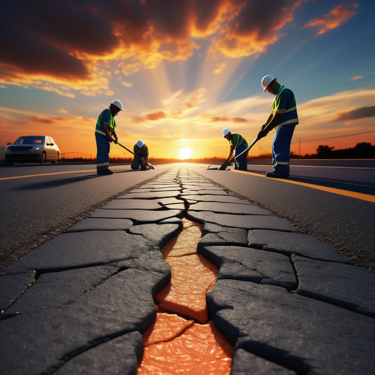 Cracked Road: The foreground shows a severely cracked asphalt road with a glowing orange or reddish substance emanating from the deep fissures. This is likely a metaphorical representation of damage needing repair rather than literal lava.