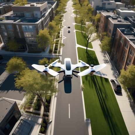 eVTOL Aircraft: The vehicle has a sleek, aerodynamic design with multiple rotors or propellers for vertical lift and forward propulsion.